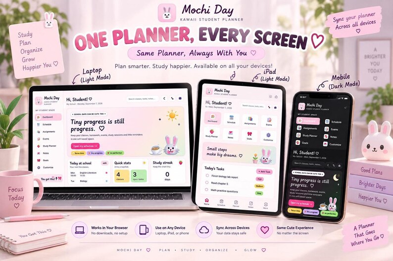 A laptop, tablet, and smartphone displaying the Mochi Day student planner interface across different screens on a pink desk setting.