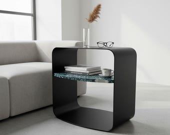 Handmade Industrial C-Shaped Side Table, Steel and Recycled Plastic Terrazzo Nightstand