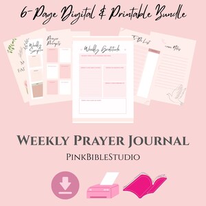 Puede incluir: Un paquete digital e imprimible de 6 páginas titulado Weekly Prayer Journal de PinkBibleStudio. Las páginas presentan fondos de color rosa claro con texto en negro, incluyendo secciones para gratitud semanal y oraciones.