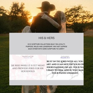 May include: A digital graphic featuring the text HIS & HERS, 2X10 SCRIPTURE COLLECTIONS BUILT ON LOYALTY, PURPOSE, ROLES AND LEADERSHIP. WHY NOT SURPRISE EACH OTHER WITH SOME SCRIPTURE TO CARRY? Includes Proverbs 31:15 and Proverbs 3:5-6 verses.