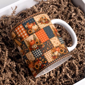 Fall Mug Wrap, Autumn Patchwork Mug Wrap, 11 Oz & 15 Oz Fall Coffee Mug Png, Fall Mug Png, Autumn Pumpkin Coffee Cup Wrap, Digital Download