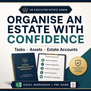 May include: A digital estate administration toolkit featuring a dark blue spiral-bound workbook, a white clipboard with a checklist, and a gold seal. Text includes UK EXECUTOR ESTATE ADMIN, ORGANISE AN ESTATE WITH CONFIDENCE, and EXCEL WORKBOOK + PDF GUIDE.