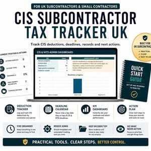 May include: A digital CIS Subcontractor Tax Tracker UK dashboard displayed on a laptop screen, accompanied by a Current Position & Actions list, a Quick Start Guide, and icons representing a deduction tracker, deadline calendar, and KPI dashboard.