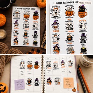May include: A sticker sheet titled Coffee Halloween Humor featuring twelve cartoon illustrations of ghosts, skeletons, and witches with coffee mugs, pumpkins, and text like Witches Brew, Spooks Later, and Mummy Needs Coffee on a white background.