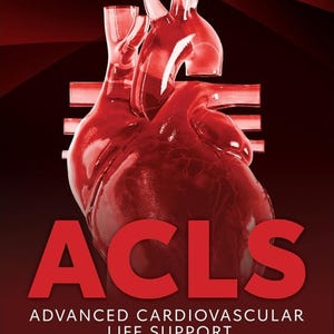 May include: A red, glossy anatomical heart illustration centered on a dark background. The text reads ACLS ADVANCED CARDIOVASCULAR LIFE SUPPORT PROVIDER MANUAL. The American Heart Association logo is visible in the top left corner.
