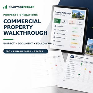 Può includere: Un tablet digitale che mostra una lista di controllo per l'ispezione di una proprietà con indicatori di stato, insieme a pagine stampate con tabelle di ispezione HVAC e meccanica, una penna e una piccola foto di un edificio commerciale.