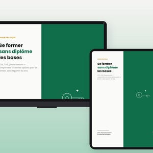May include: A laptop and a tablet displaying a digital guide titled Se former sans diplôme les bases. The screens feature a white left panel with black and green text, a solid dark green right panel, and a white line-art key icon at the bottom.