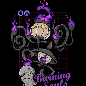 Peut inclure: Une illustration graphique sur fond noir représentant trois créatures en forme de lanterne avec des yeux jaunes et des flammes violettes. Le texte Burning Souls est écrit en police cursive violette. Une grille sombre est en arrière-plan.