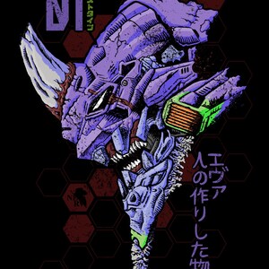 Peut inclure: Une illustration graphique d'une tête mécanique violette avec une corne, des dents exposées et des accents verts. Le design présente le numéro 01, un logo NERV et du texte japonais sur un fond noir avec un motif hexagonal rouge foncé.