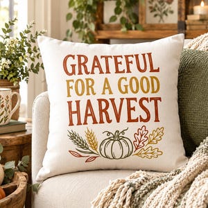 Pode incluir: Uma almofada quadrada em tom branco sujo com o texto GRATEFUL FOR A GOOD HARVEST em letras laranja e amarelas. Abaixo do texto, há uma ilustração gráfica de uma abóbora central rodeada por espigas de trigo e folhas de outono em tons de verde, laranja e amarelo.