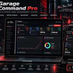 May include: A laptop and smartphone displaying the Garage Command Pro auto repair shop management system dashboard. The interface features dark mode analytics, revenue trends, and repair order tracking. Text includes Garage Command Pro.