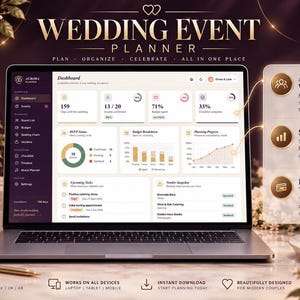 May include: A laptop displaying a wedding event planner dashboard with sections for guest lists, budget tracking, and planning progress. The screen shows text including Wedding Event Planner, Dashboard, RSVP Status, and Budget Breakdown alongside icons.