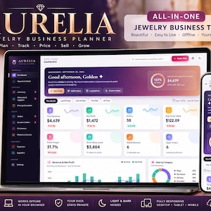 May include: A digital dashboard interface for the Aurelia Jewelry Business Planner displayed on a laptop and smartphone screen, featuring analytics, revenue charts, and inventory management tools with a purple and white color scheme.