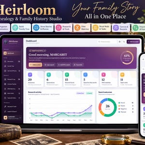 May include: A digital genealogy software interface displayed on a laptop screen and a smartphone. The dashboard features purple and white color schemes, displaying text such as Heirloom, Genealogy & Family History Studio, and Good morning, MARGARET.