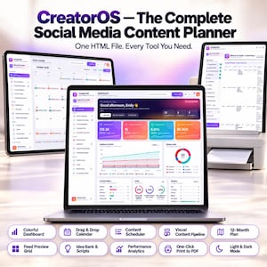 May include: CreatorOS digital social media content planner displayed on laptop and tablet screens. The interface features a dashboard with analytics, a calendar, and content pipeline tools. Text includes CreatorOS - The Complete Social Media Content Planner, One HTML File. Every Tool You Need, and various dashboard labels.