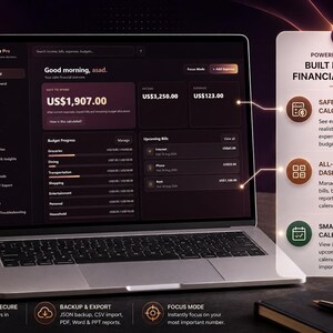 May include: A laptop displaying the SpendWise Pro financial dashboard interface with dark mode, showing income, expenses, and budget progress. A sidebar highlights features like a safe to spend calculator, money dashboard, and smart financial calendar.