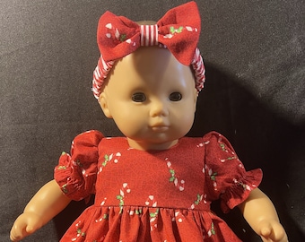 Bitty Baby Doll  Dress 15" doll Clothes Handmade Christmas Red Candy Cane Dress, Pants and Headband