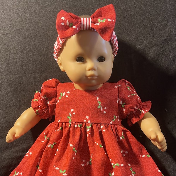 Bitty Baby Doll  Dress 15" doll Clothes Handmade Christmas Red Candy Cane Dress, Pants and Headband