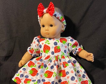 Bitty Baby Girl Doll Dress 15" Doll Clothes Handmade Blueberry Strawberry dress Pants Headband