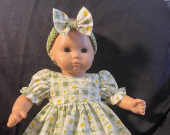 Bitty Baby Doll Clothes Dress 15” Green Daisy Dress, Pants and Headband
