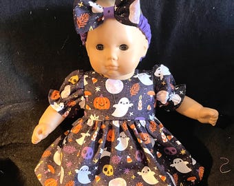 Handmade to fit Bitty Baby Halloween Dress Pumpkin Ghost Dress Headband Pants
