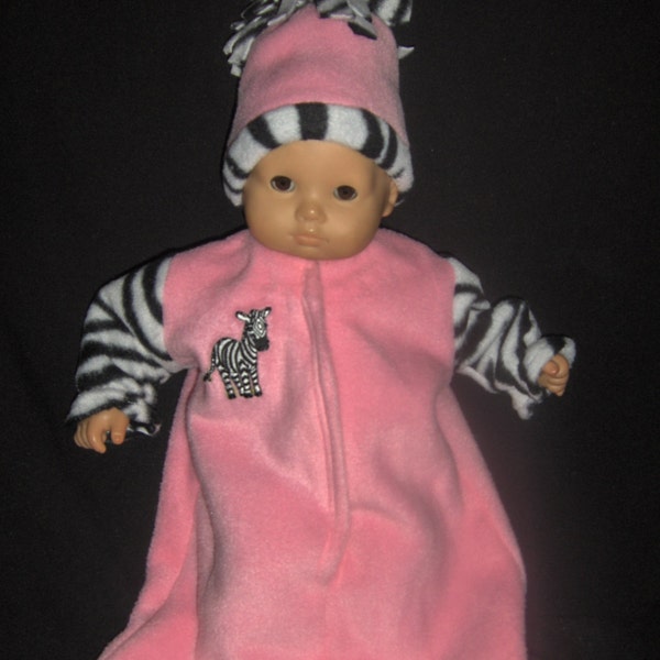 Pink with Zebra Fleece Bunting with Hat Doll Clothes Made to Fit Bitty Baby and Other 15 inch Dolls