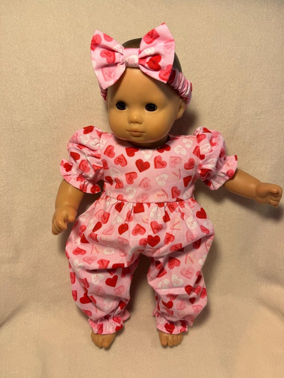 Bitty Baby Doll Clothes 15” Romper Valentine Candy Hearts with Messages  Pink Romper and Headband