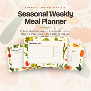 May include: A printable seasonal weekly meal planner set featuring six pages with hand-illustrated produce designs. The pages include a weekly schedule, a grocery list, and a notes section, all set against a light background with vegetable motifs.