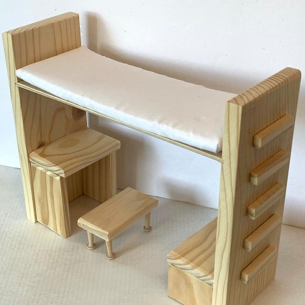 Doll Furniture for Fashion Dolls - UNFINISHED DIY Loft Bed with Desk, Reading Nook, and Lamp