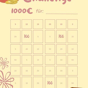Könnte beinhalten: Ein Spar-Challenge-Tracker auf hellgelbem Hintergrund mit einem roten Geldbeutel, einer mit Goldmünzen gefüllten Schatztruhe und floralen Linienzeichnungen. Der Text lautet GELD SPAREN Challenge 1000€ für, mit einem Raster aus nummerierten Feldern.