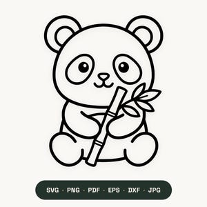 May include: A black and white line art illustration of a seated panda bear holding a bamboo stalk with leaves. Below the panda, a dark horizontal pill-shaped graphic contains the white text: SVG, PNG, PDF, EPS, DXF, JPG.