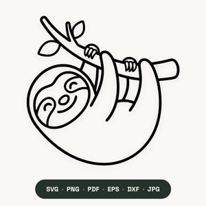 May include: A black and white line art illustration of a sloth hanging from a tree branch with two leaves. Below the illustration, a dark horizontal pill-shaped button contains the white text SVG, PNG, PDF, EPS, DXF, and JPG.