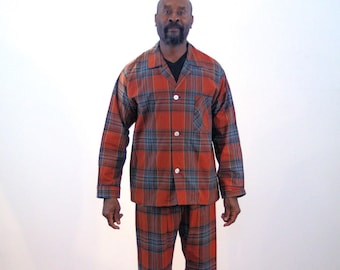 80s Men's Pajama Set M, Vintage Brown Plaid Flannel Pajamas Deadstock Sleep Shirt & Pants Botany 500, Medium