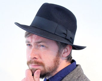 80s Black Wool Fedora L, Vintage