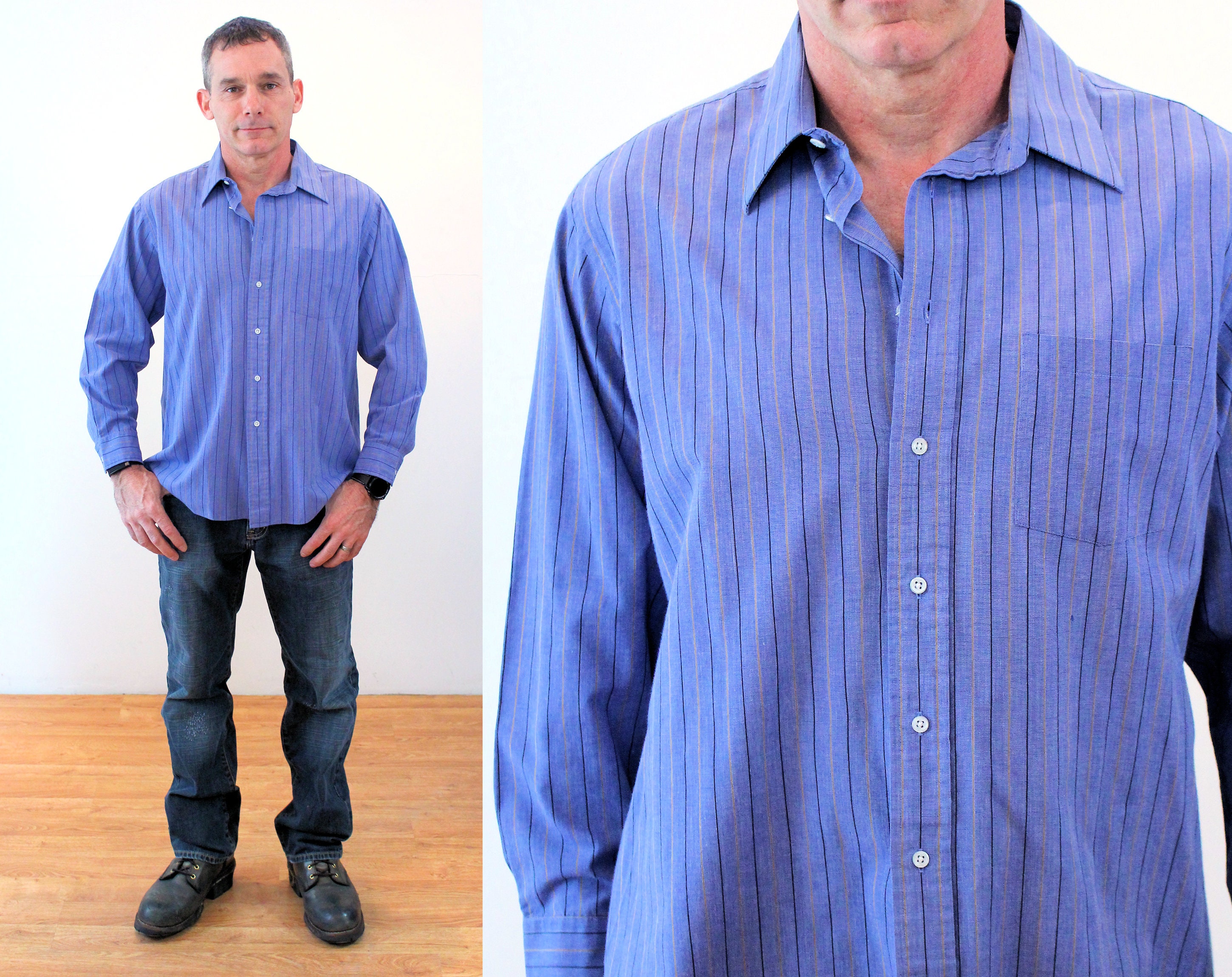 80s Men's Blue Striped Shirt L 16-1/2 
