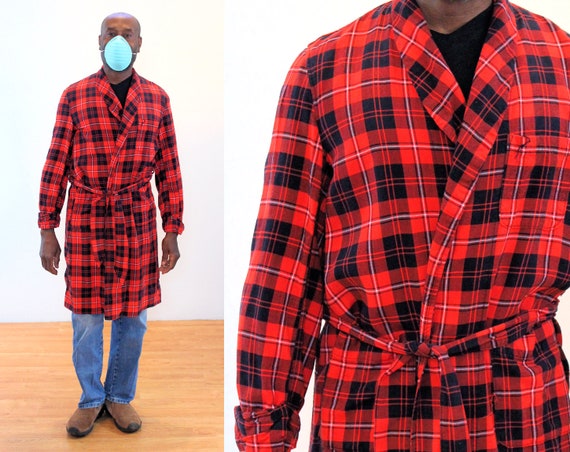 50s Dunella Bath Robe S, Men's Vintage Red Black S