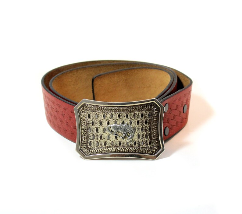 90s Dante Pony Belt Size 34 Bronco Nickel Buckle Red Tooled Leather Men/'s Western Wear