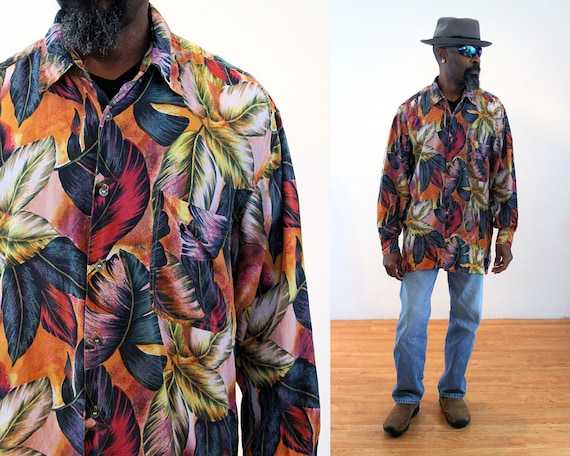 90s Tropical Silk Shirt L, Colorful Vintage "Rober