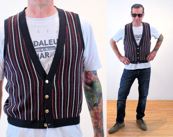 MisterBibs 50s Alps Striped Sweater Vest M, Vintage Mid Century Sportswear Men's Wool Button Up, Medium