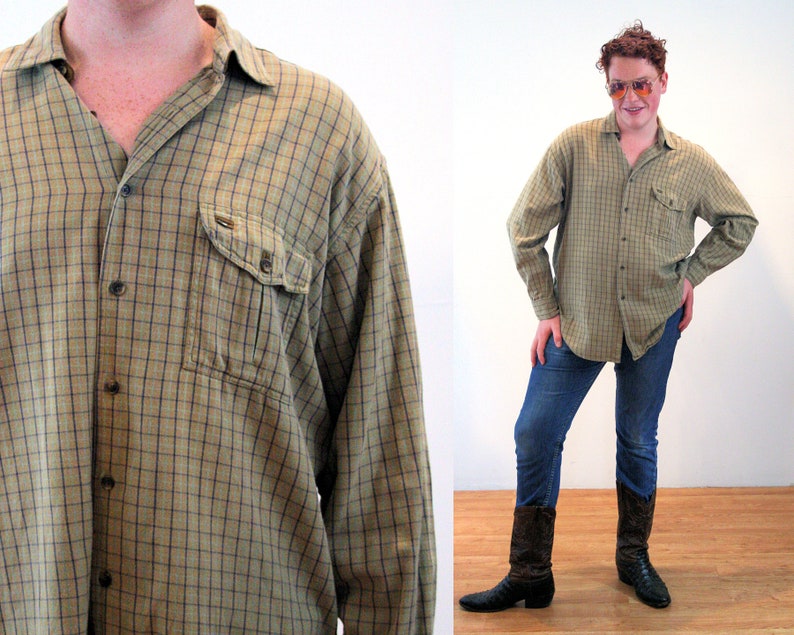 Soft Heavy Cotton India Windowpane Checkered Tan Men/'s 90s Orvis Flannel Shirt L Large
