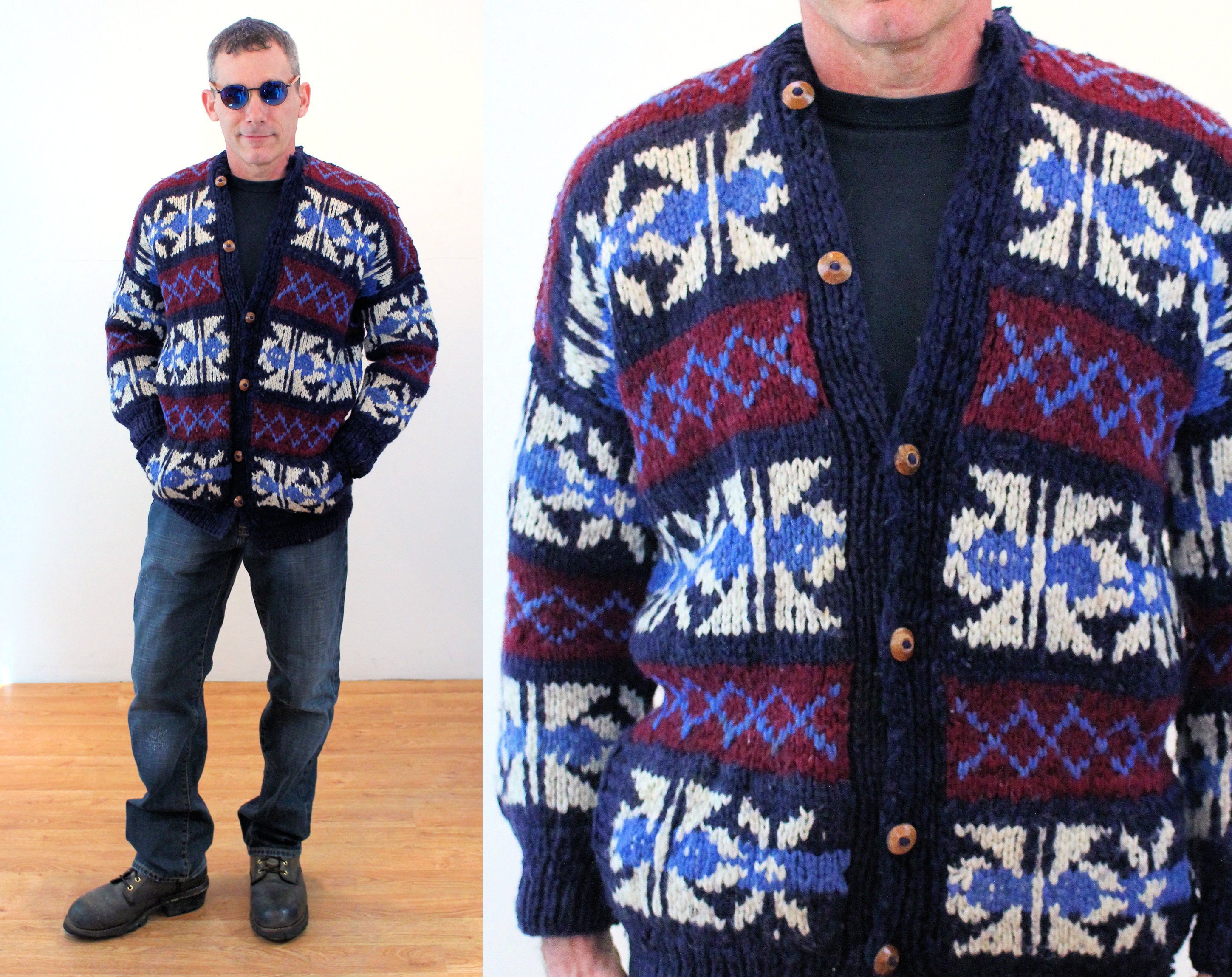 Gift for Him or Her Vintage 80's 100% Wool Off-White Ethnic Geometric Patterned Knitwear Pullover Sweater Cardigan Winter Holiday