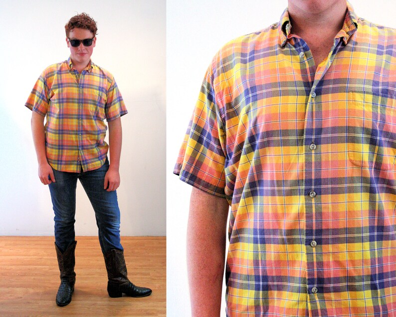 India Cotton Men/'s Retro Short Sleeve Preppy Oversized Medium 80s Yellow Madras Plaid Shirt M L