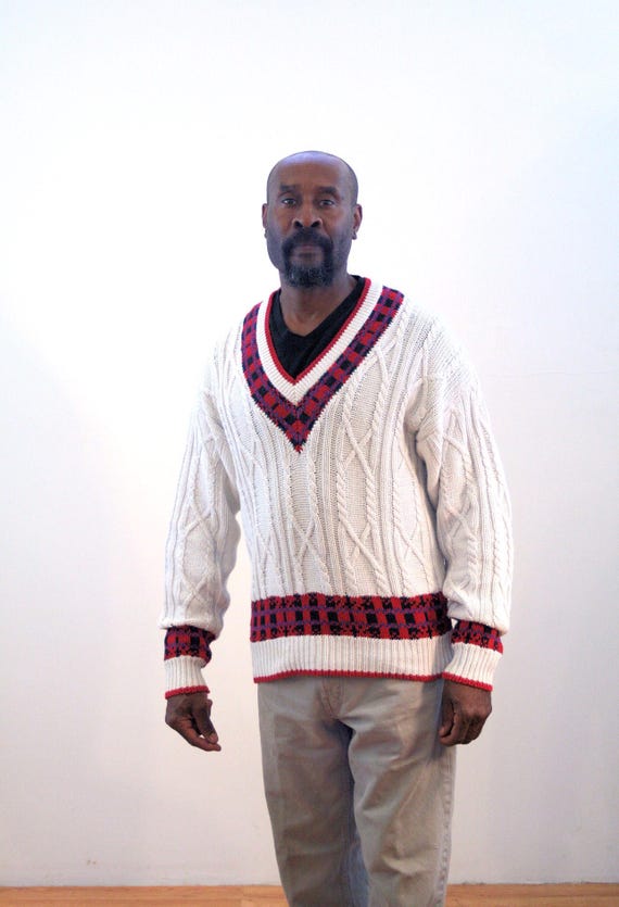 80s Preppy Sweater M, Cotton V Neck Men\u0027s Alexander Julian Cable Knit Designer Vintage Pullover Jumper, Medium