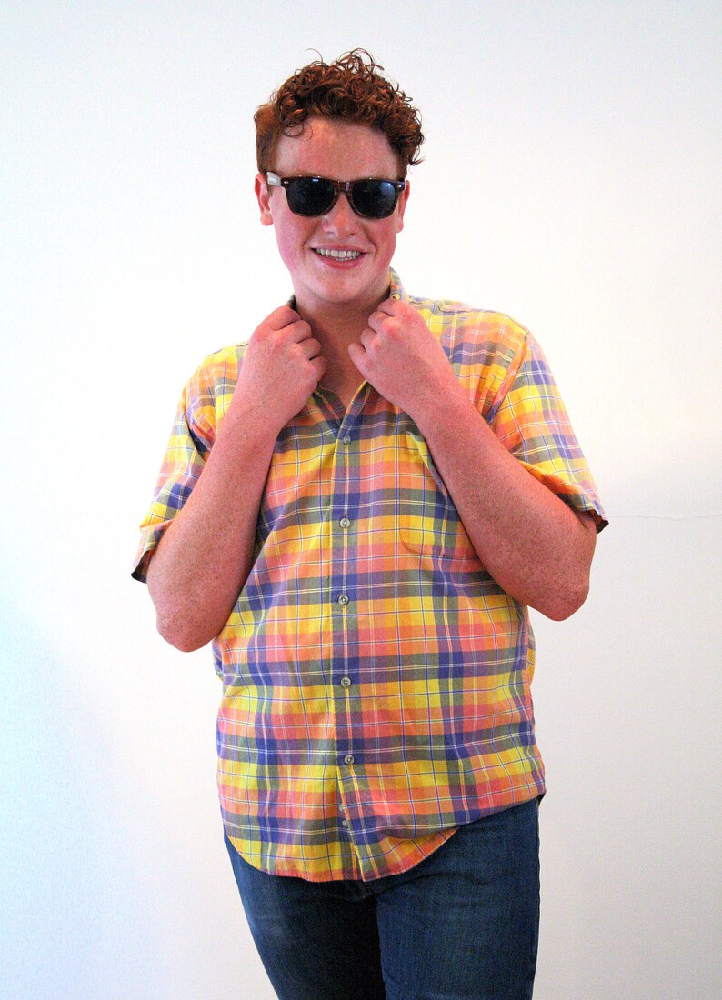 India Cotton Men/'s Retro Short Sleeve Preppy Oversized Medium 80s Yellow Madras Plaid Shirt M L