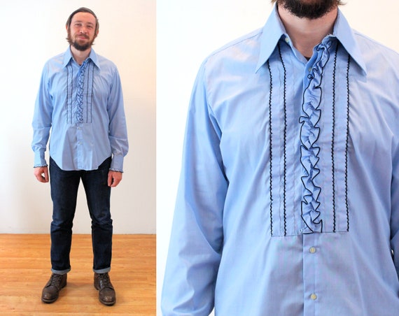 70s Tuxedo Shirt L, Men's Mod Vintage Blue Ruffle