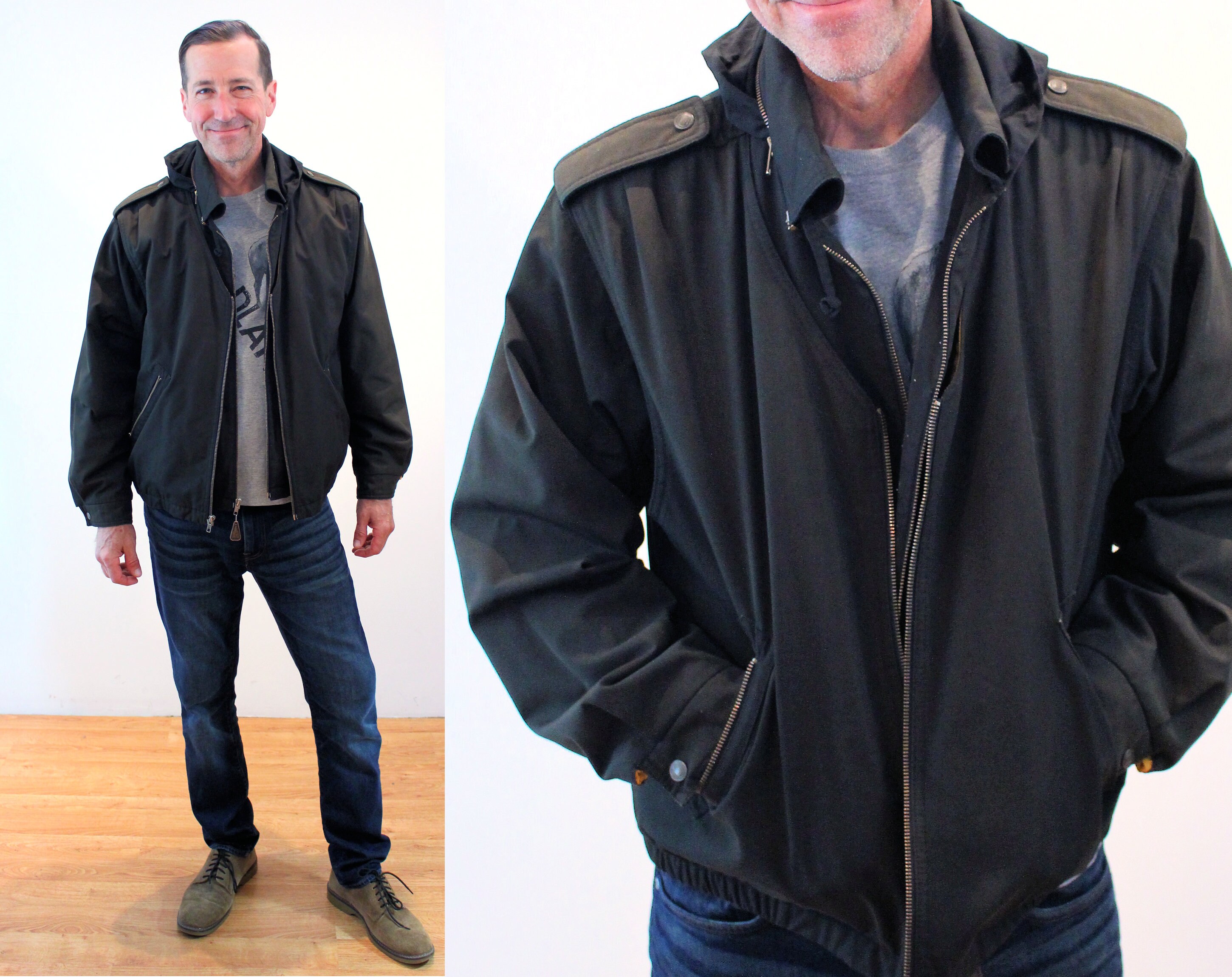 70s London Fog Jacket \u0026 Vest Set 40 Reg L, Vintage Insulated Hooded Black Thinsulate Zipper Bomber with Matching Vest, Large
