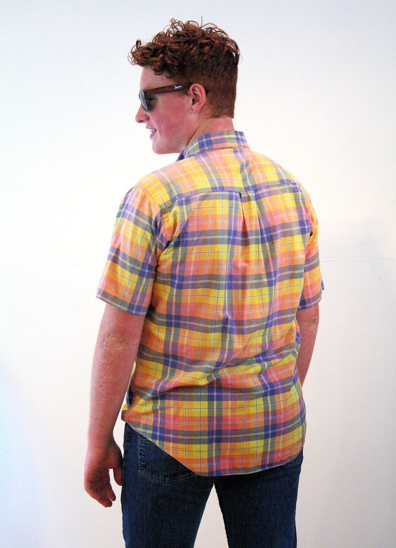 India Cotton Men/'s Retro Short Sleeve Preppy Oversized Medium 80s Yellow Madras Plaid Shirt M L