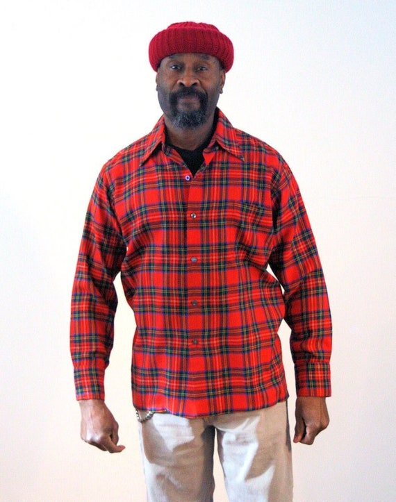 60s Red Tartan Plaid Shirt M Vintage 