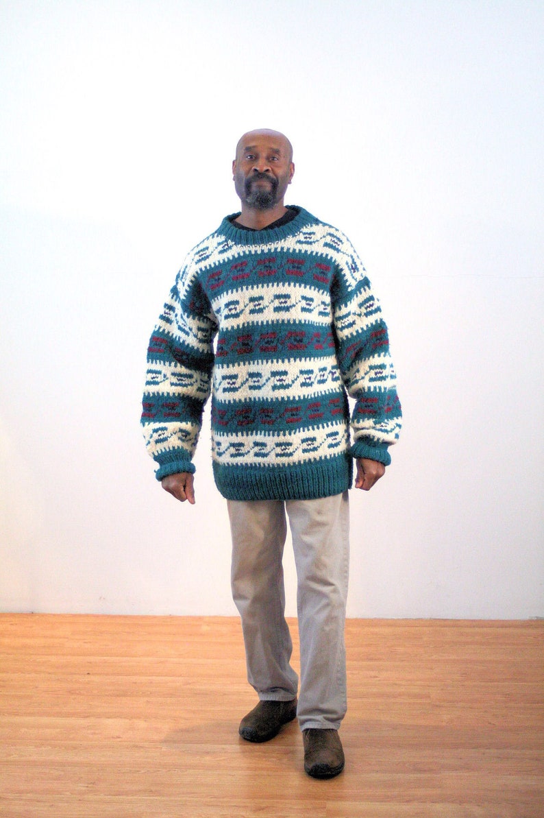 Vintage Wool Ethnic South American Geometric Pattern Chunky Heavy Holiday Winter Alpine Unisex Ski Jumper Large 90s Ecuadorean Sweater L