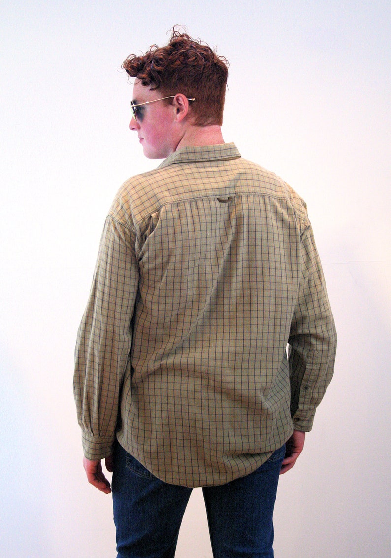 Soft Heavy Cotton India Windowpane Checkered Tan Men/'s 90s Orvis Flannel Shirt L Large